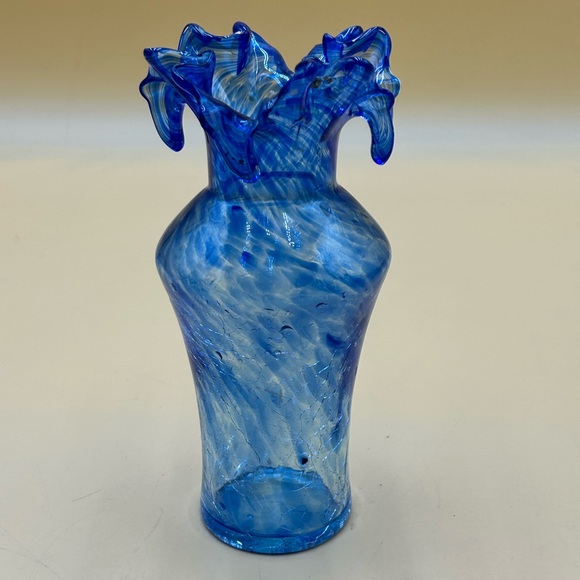 Vintage Other - Cobalt blue art glass ruffle edge, crackle vase, USA, fourth July, patriotic